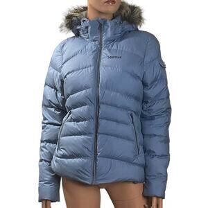 MARMOT Light Icy Blue Faux Fur Trim Hood Puffer Down Winter Jacket Coat